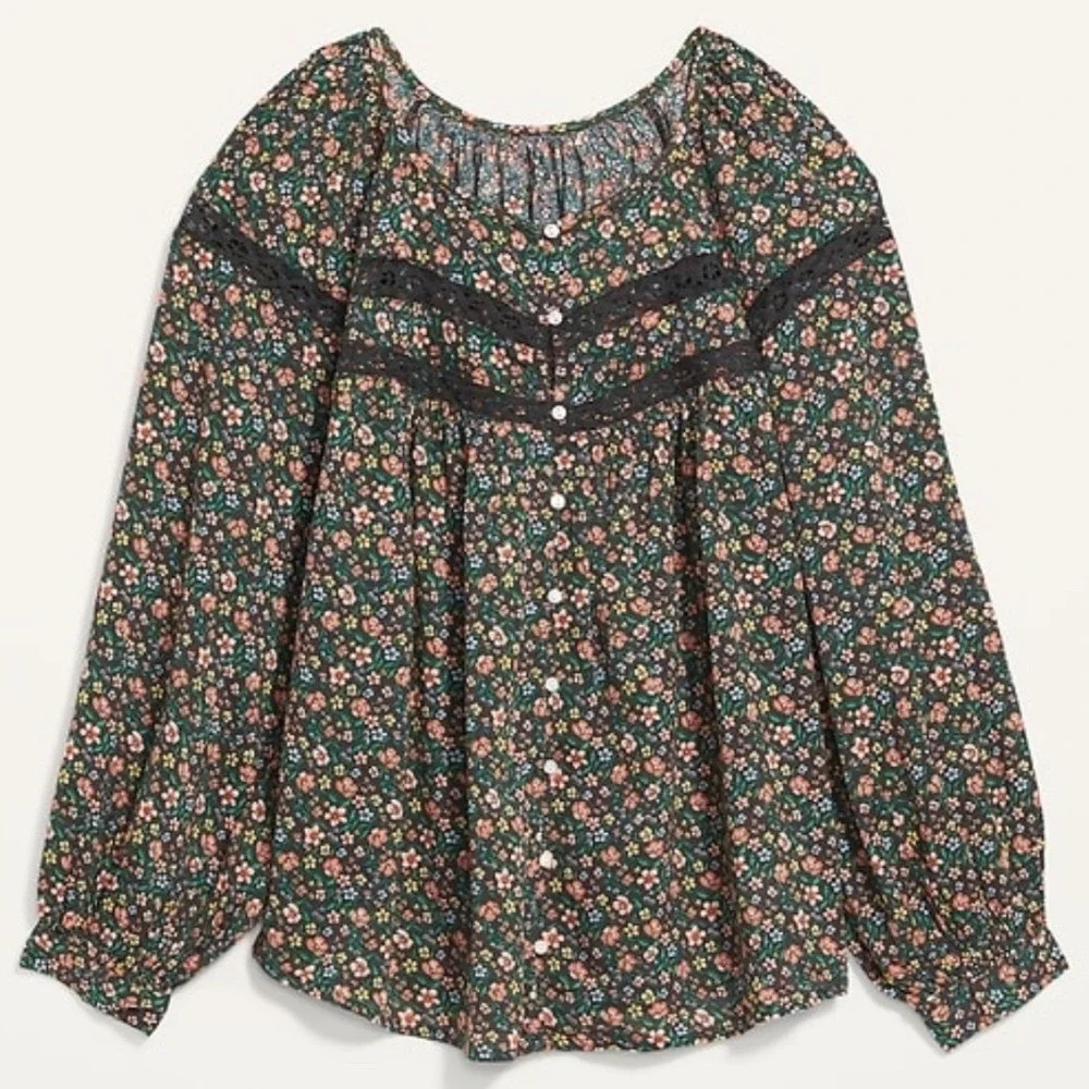 Old Navy Long-Sleeve Lace-Trimmed Floral Print Blouse Womens Sz 4X Bohemian Boho - Picture 4 of 14